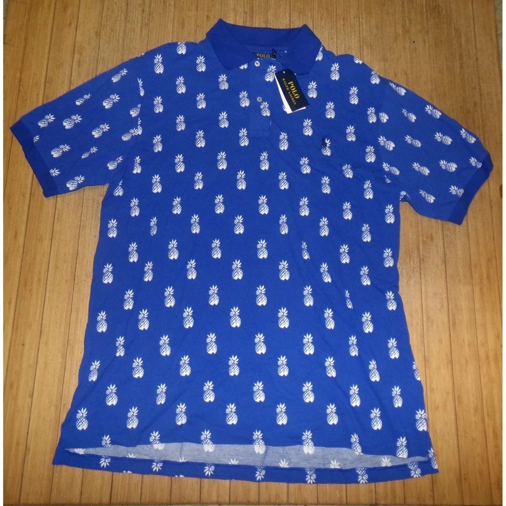Polo Ralph Lauren Mens XL Tall Blue Pineapple Print Short Sleeve Polo Shirt NWT